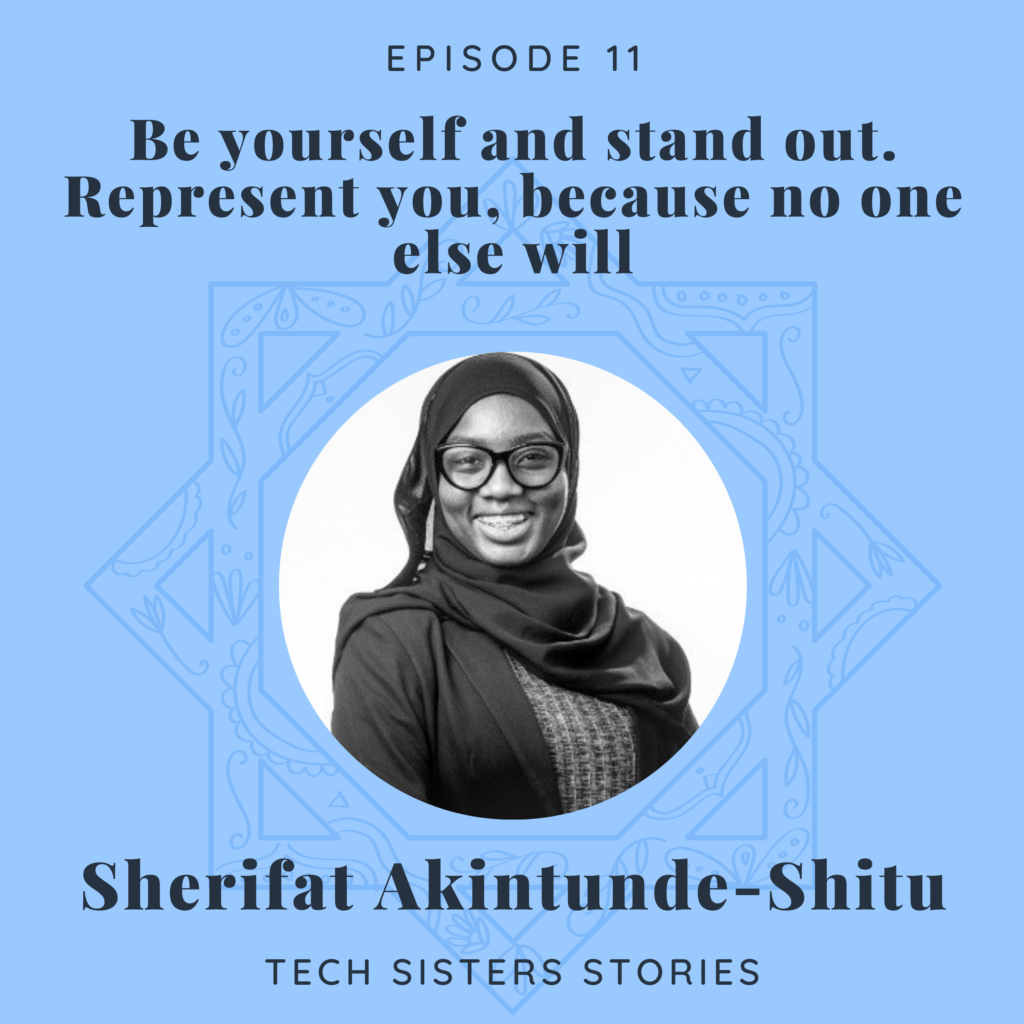 tech sisters podcast art featuring Sherifat Akintunde Shitu