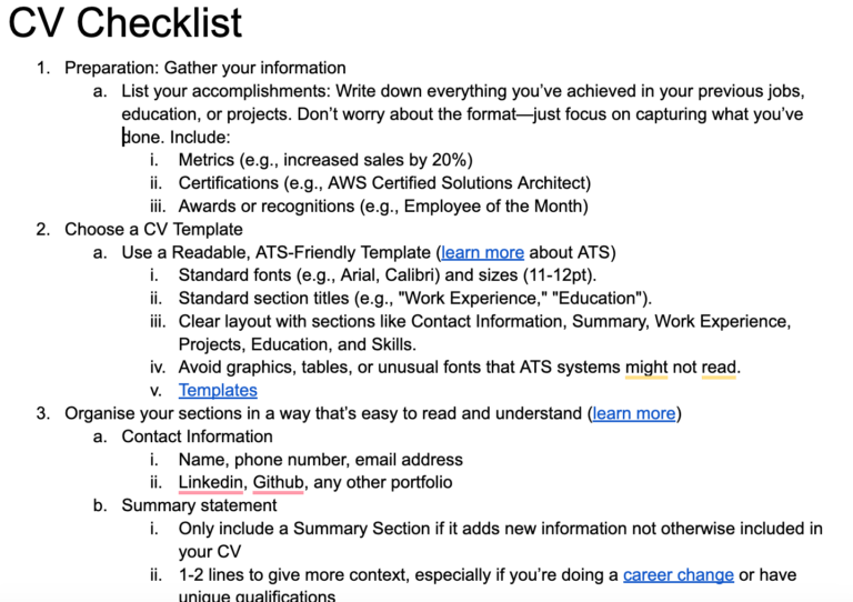 screenshot of ts cv checklist