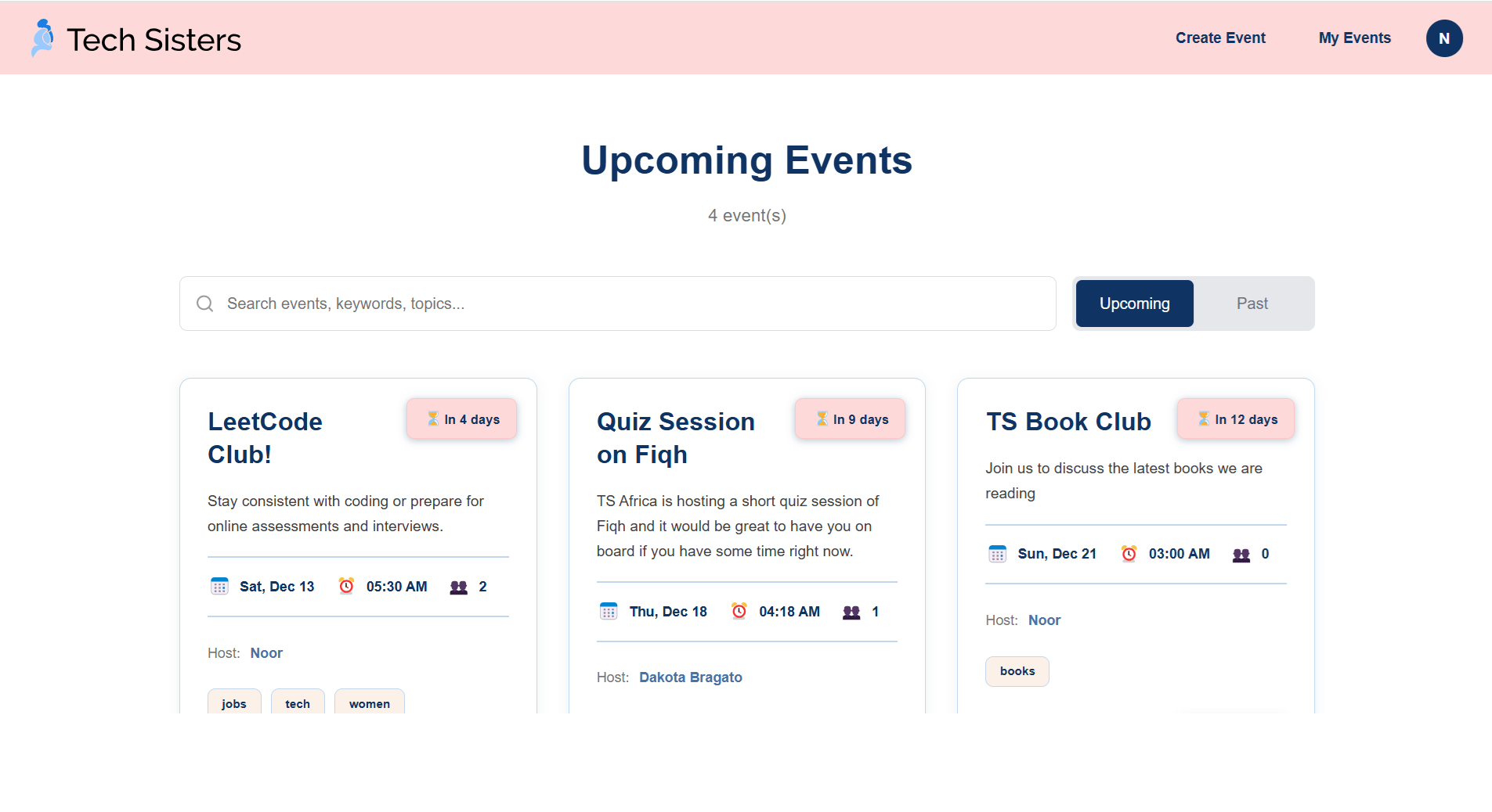 dashboard for techevent portal for 2025 tech sisters hackathon
